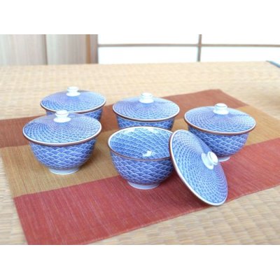 Photo1: Tea cup set for Green Tea 5 pcs Cups with Lids Seigaiha