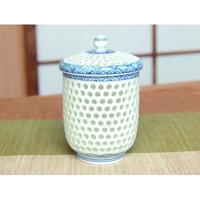 Photo2: Yunomi Tea Cup with Lid for Green Tea Openwork Suisho Seigaiha (Small)