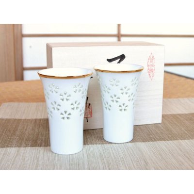 Photo1: Tall cup Suishocho hanazume (pair) in wooden box