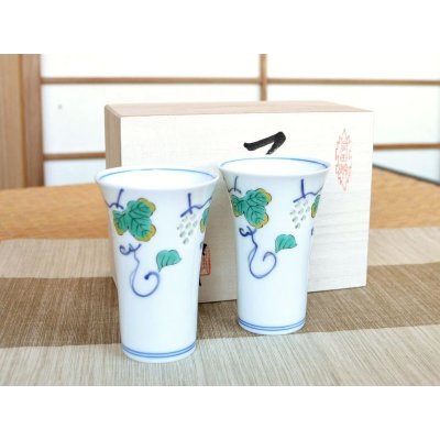 Photo1: Tall cup Suishocho budo Grape (pair) in wooden box