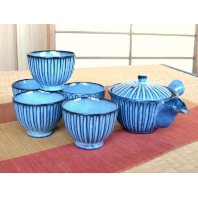 Photo1: Tea set for Green Tea 1 pc Teapot and 5 pcs Cups Shinko Blue