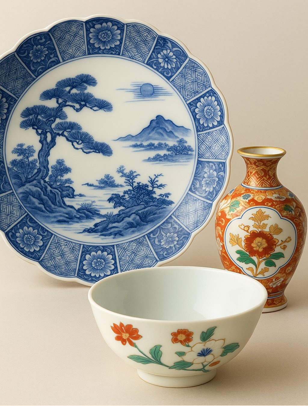 Arita ware: sometsuke plate, akae vase, and white porcelain bowl