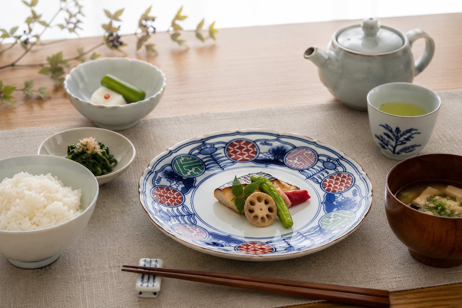 Main dish served on a some-nishiki plate
