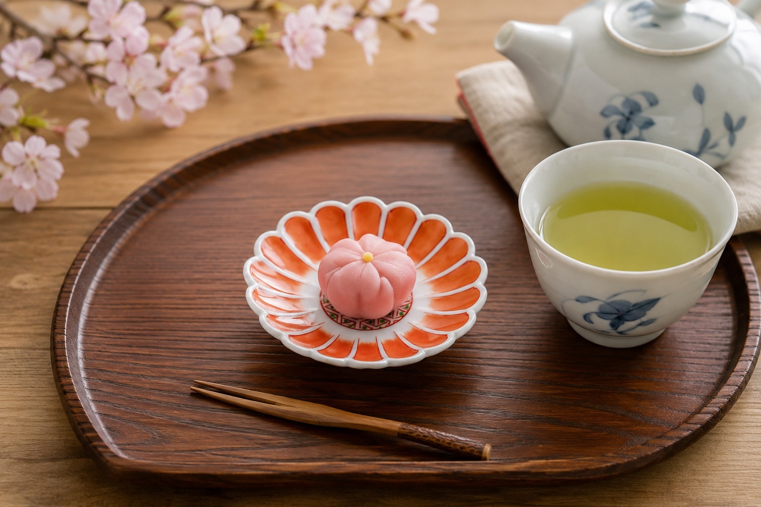 Japanese sweets served on a small Akae plate