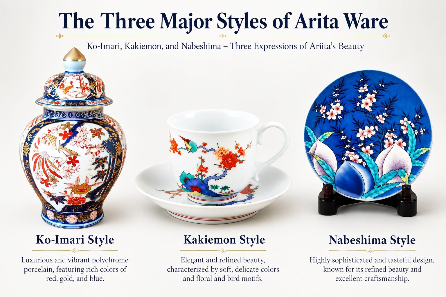 Three major Arita ware styles: Ko-Imari jar, Kakiemon cup and Nabeshima plate