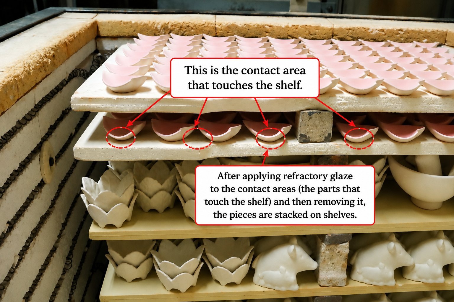 Glazed ceramic ware stacked on kiln shelves before firing