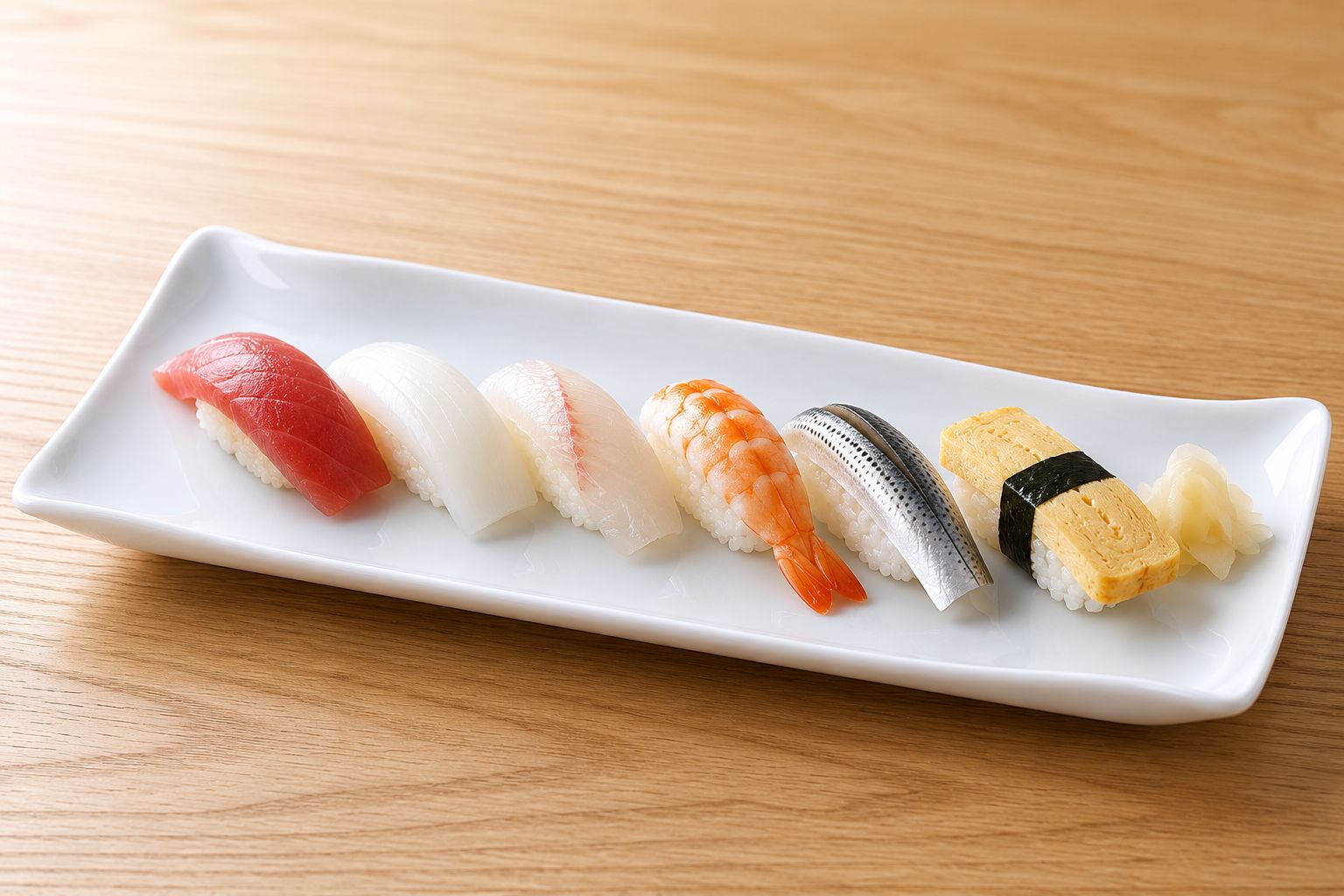 Sushi served on a long Hakuji white porcelain plate