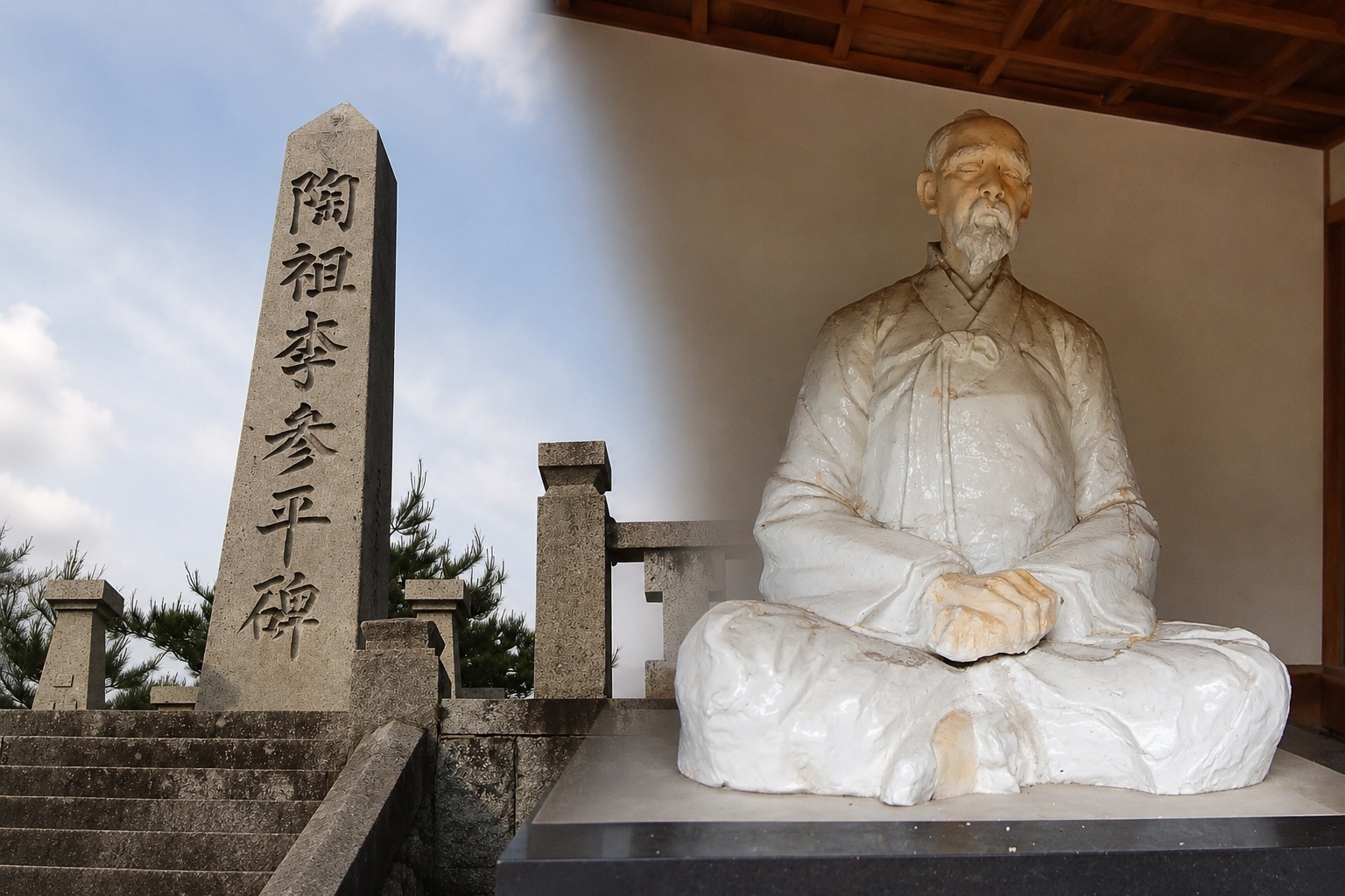 Statue and monument to Yi Sam-pyeong in Arita