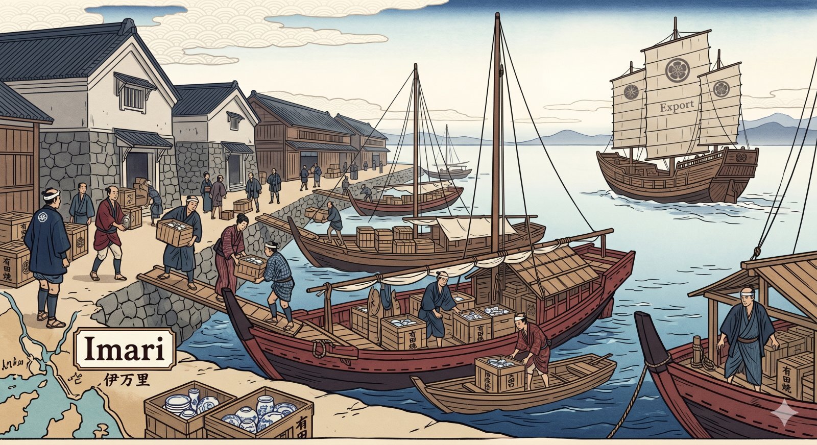 Illustration of Arita porcelain being transported to Imari Port