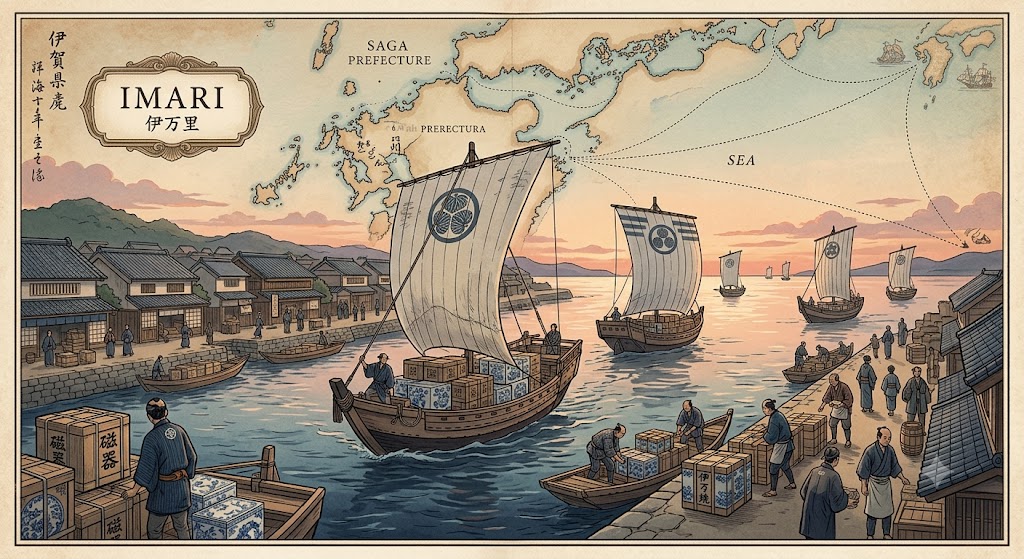 Illustration of Arita porcelain departing Imari Port by ship