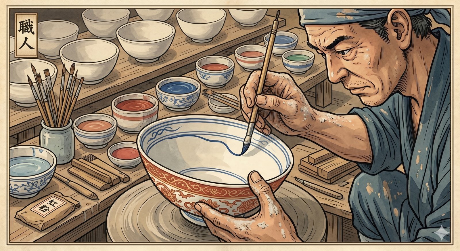 Illustration of porcelain painting in an Edo-period Arita workshop