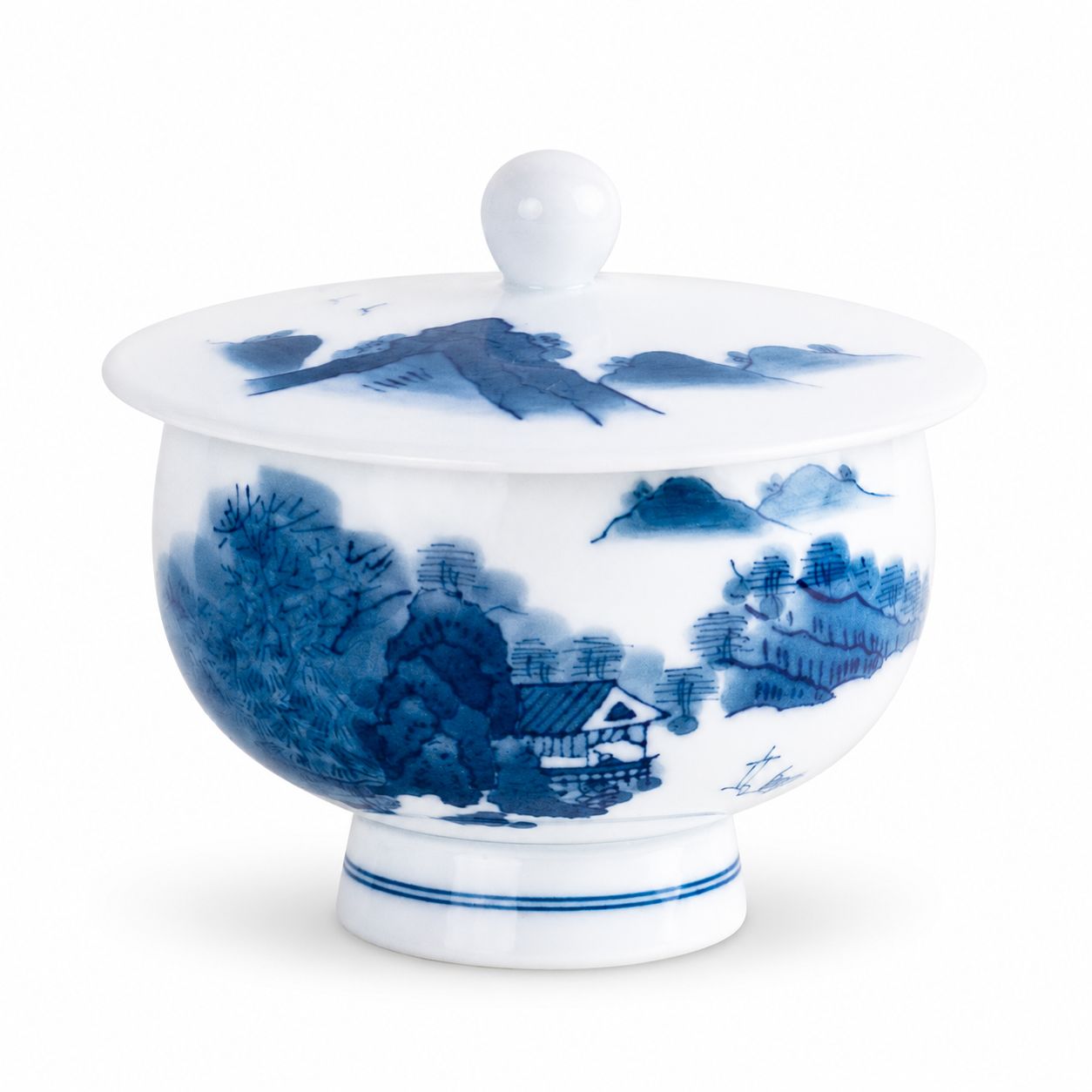 Nabeshima-style covered vessel in underglaze blue