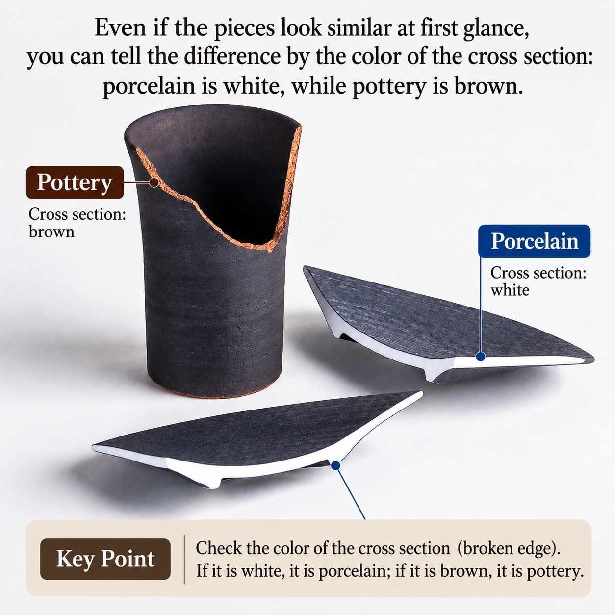 Comparison of broken cross sections of porcelain and pottery