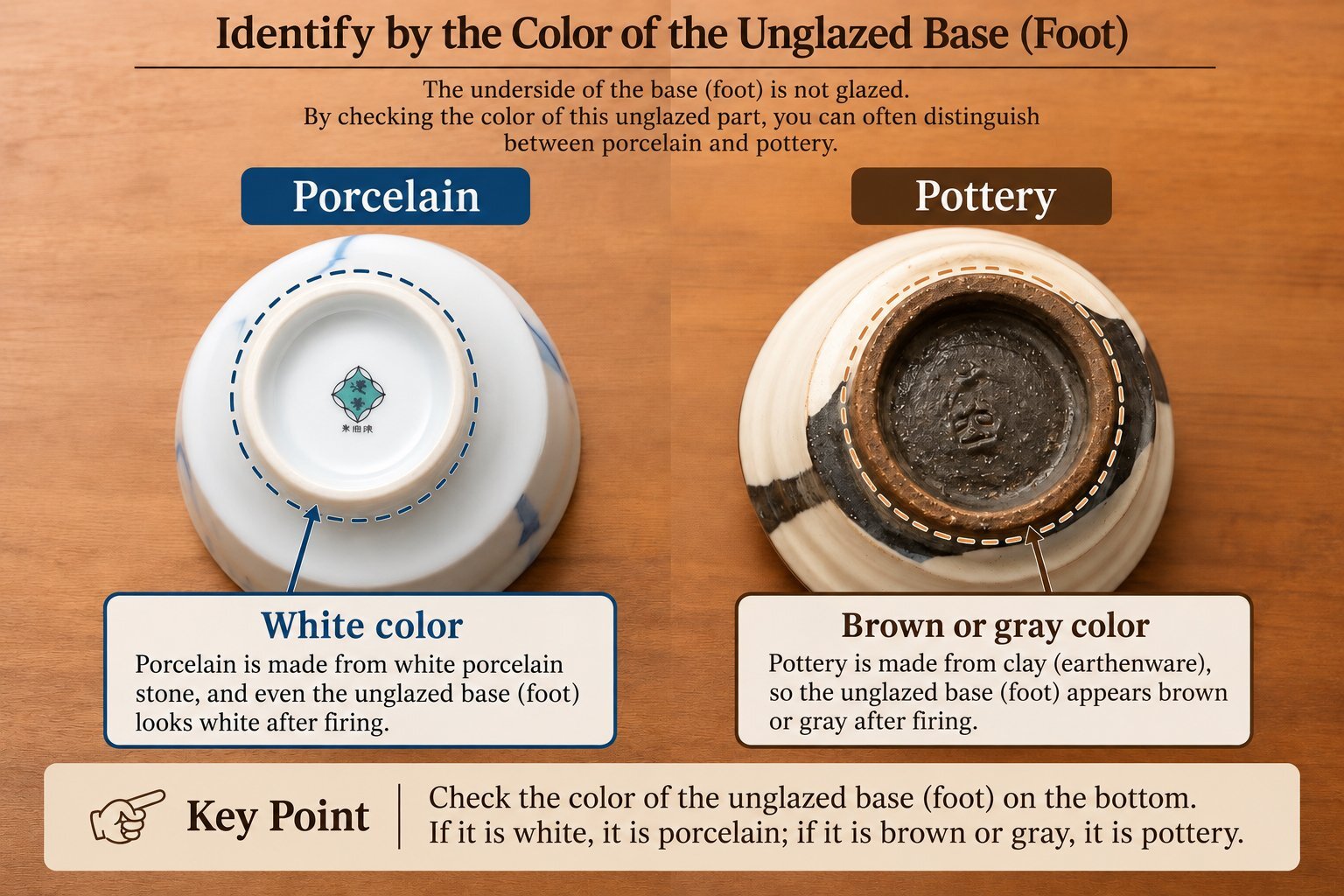 Comparison of the unglazed foot rings of porcelain and pottery