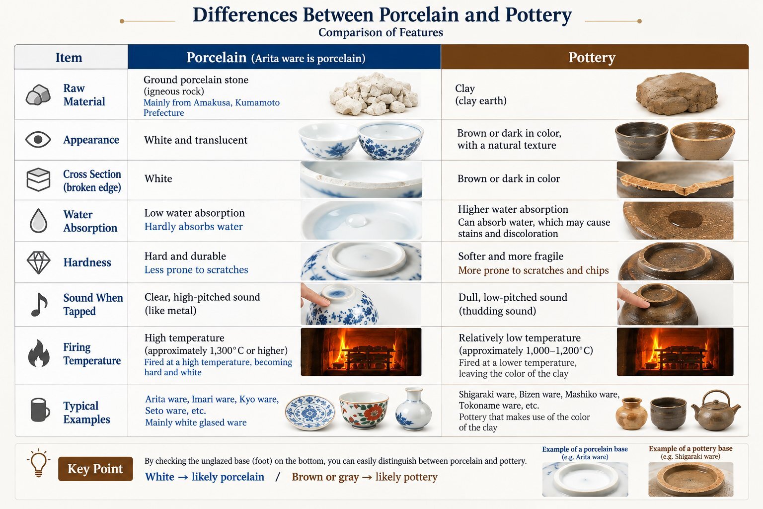Comparison chart showing the differences between porcelain and pottery