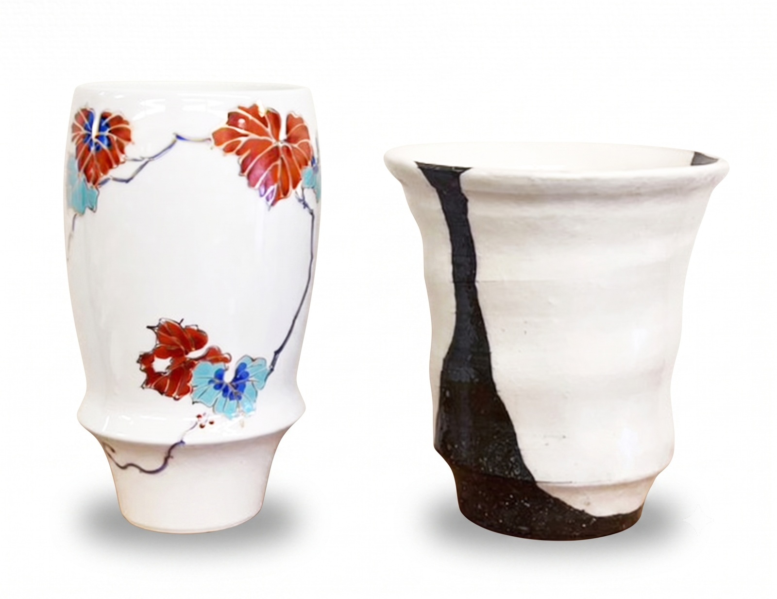 Porcelain and pottery cups shown side by side