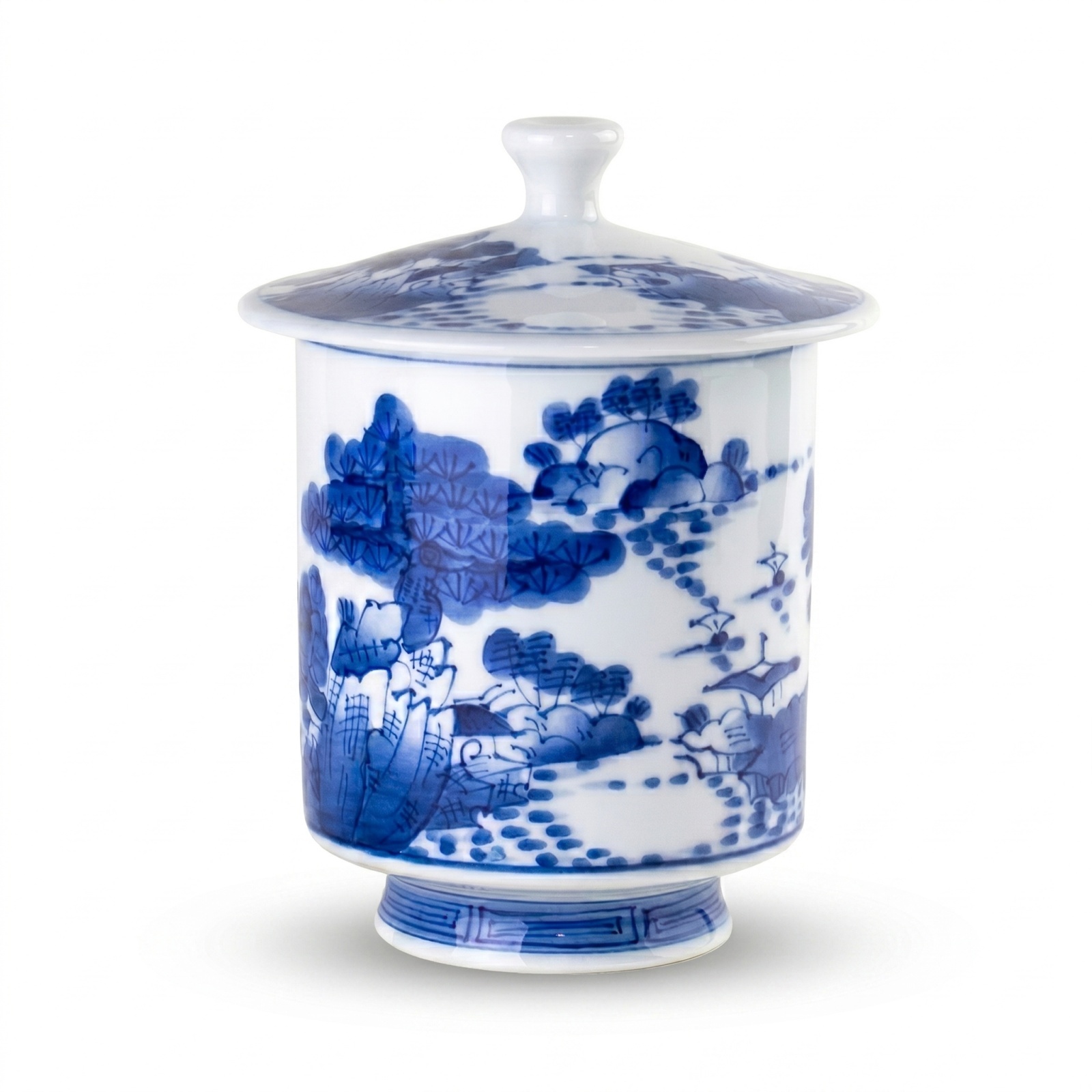 Arita ware lidded teacup decorated with a Sometsuke Sansui landscape