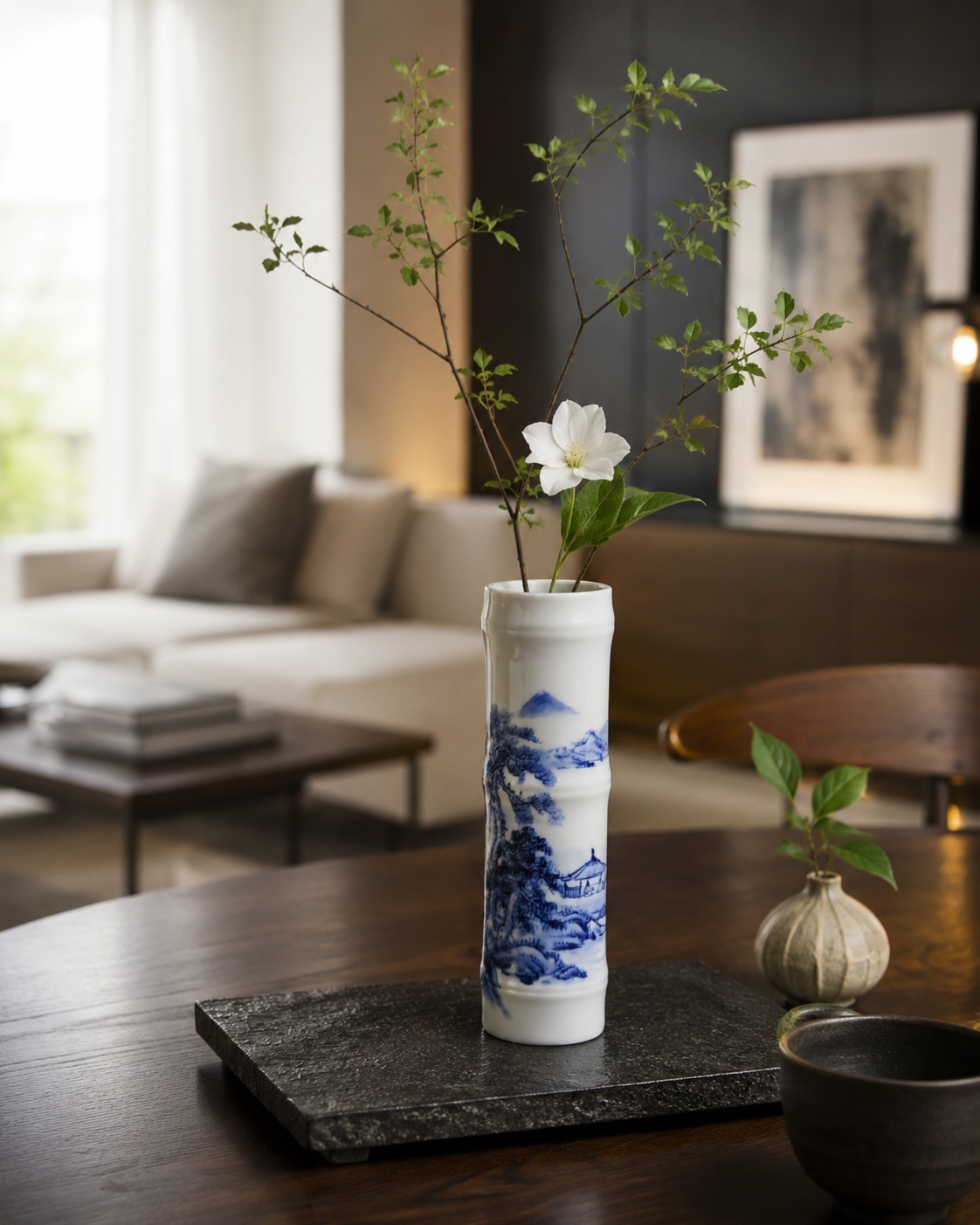 Sometsuke single-flower vase displayed in a contemporary living room