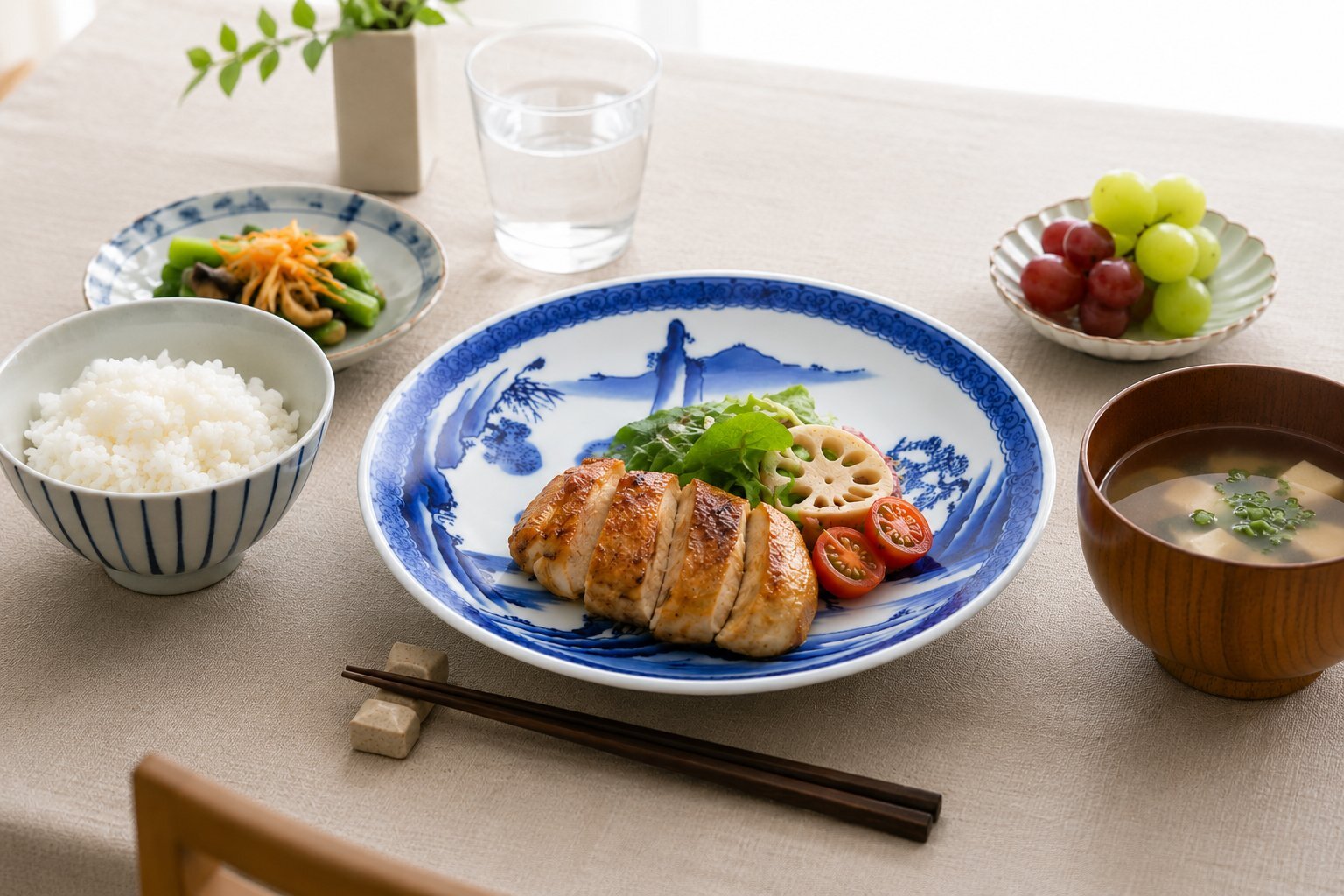 Sometsuke landscape plate used on a contemporary dining table