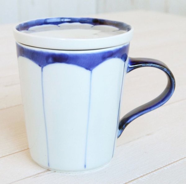 Photo1: Mug with lid Mikan wari Blue (1)