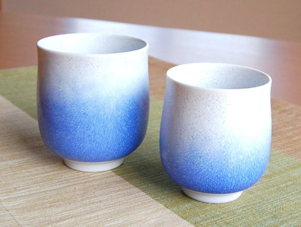 Photo2: Yunomi Tea Cup for Green Tea Aizome suiteki (pair) (2)