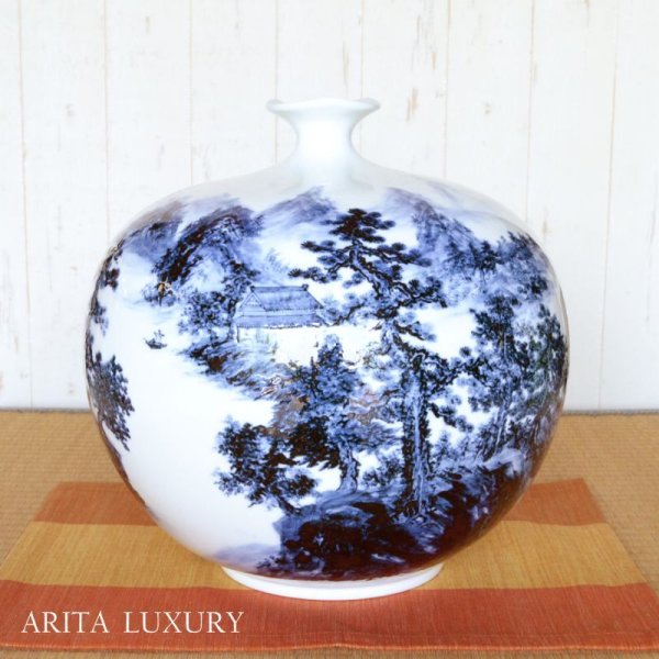 Photo2: Vase Large Sometsuke sansui | The first-generation head of the Shinemon Kiln (2)