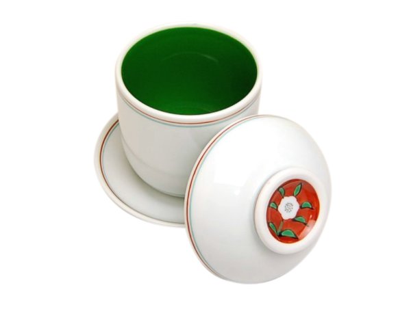 Photo1: Small Bowl Chawan-mushi with lid and saucer Nishiki hanauchi ryokusai (8.2cm/3.2in) (1)