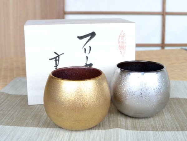 Photo1: Cup Kinsai Ginsai shizuku Gold and Sliver (pair) in wooden box (1)