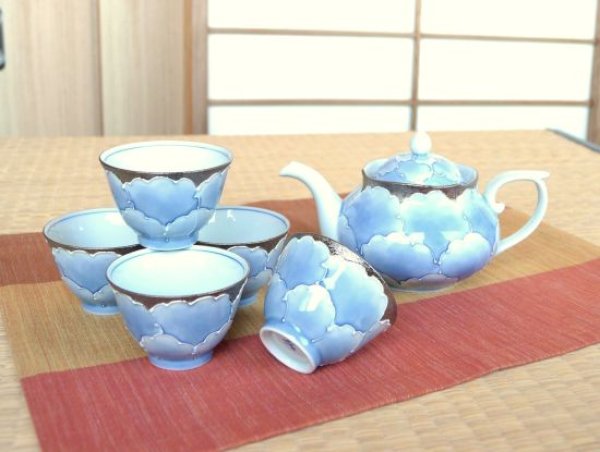 Photo1: Tea set for Green Tea 1 pc Teapot and 5 pcs Cups Plutinum botan blue flower outside (1)