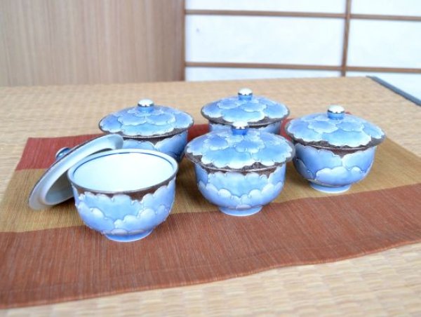 Photo1: Tea Cup set for Green Tea 5 pcs Cups with Lids Plutinum botan in wooden box (1)