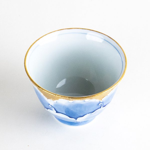 Photo3: Yunomi Tea Cup for Green Tea Gold botan Blue flower outside (3)