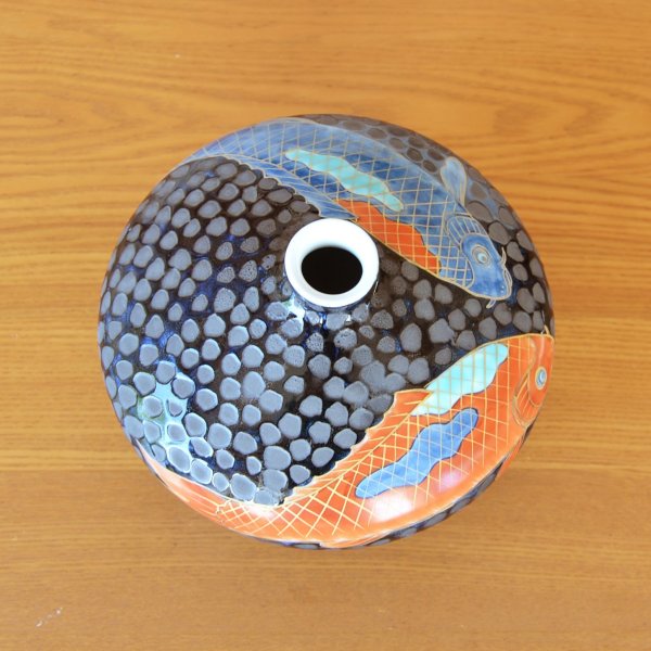 Photo6: Vase Small Tetsuyu koi-e Carp | Fujii Kinsai's work (6)