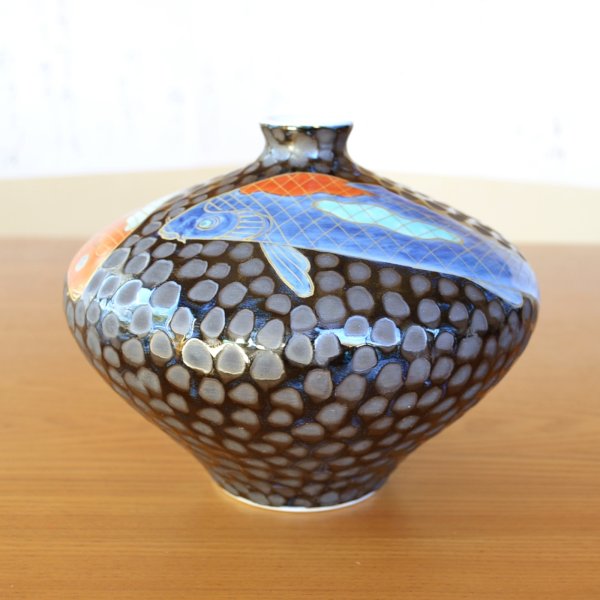 Photo5: Vase Small Tetsuyu koi-e Carp | Fujii Kinsai's work (5)