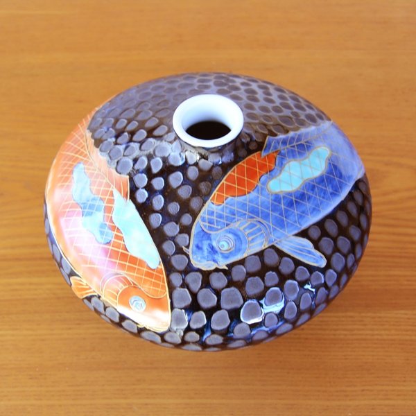 Photo6: Vase Small Tetsuyu koi-e Carp | Fujii Kinsai's work (6)