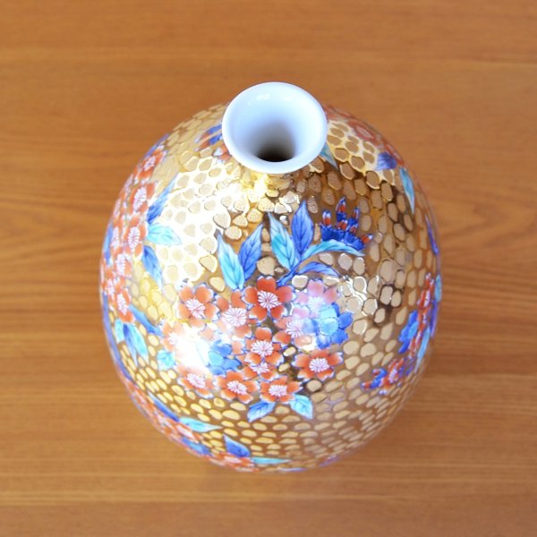 Photo5: Ogon Gold Sakura Vase by Kinsai Fujii (5)
