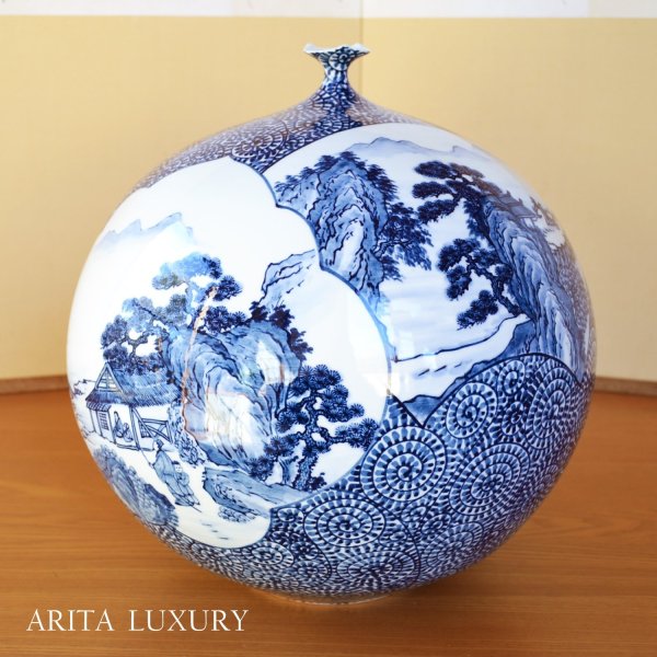 Photo1: Sometsuke Tako-Karakusa Sansui Large Vase by Kinsai Fujii (1)
