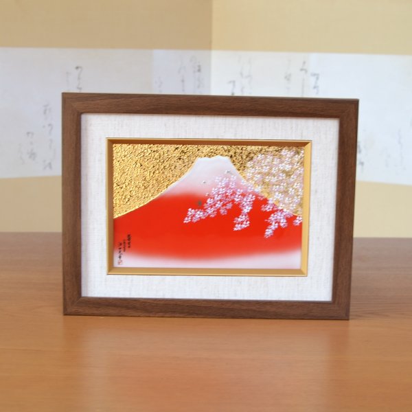 Photo1: Wall Decoration (S) Mt. Fuji and Sakura Cherry blossom | Kinryugama Kiln work (1)