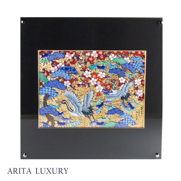 Photo1: Kinsai Sho-Chiku-Bai and Cranes Framed Porcelain Art by Kinryu Kiln (1)