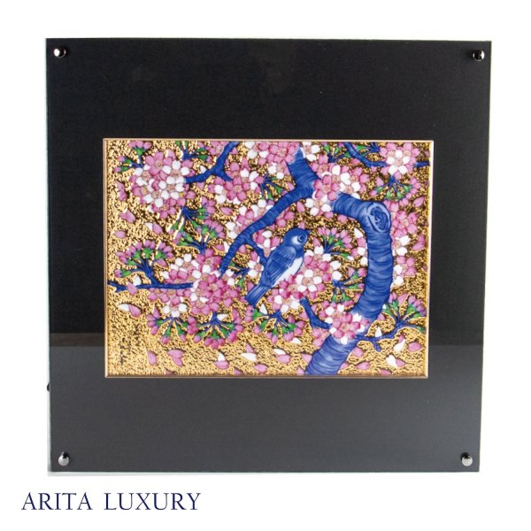 Photo1: Kinsai Sakura Kacho Framed Porcelain Art by Kinryu Kiln (1)