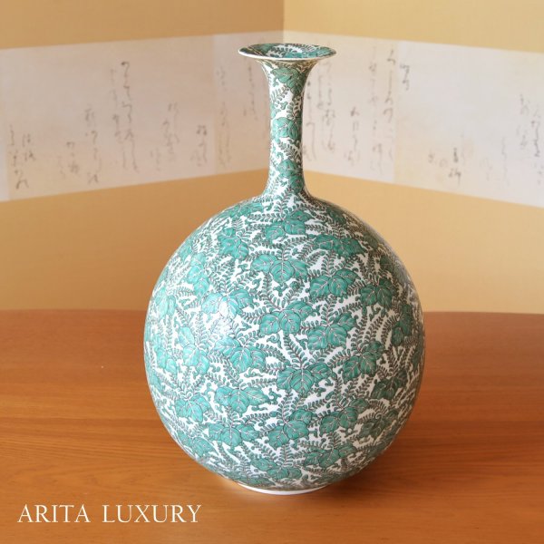 Photo1: Large Vase Green Paulownia leaves | Fukuji Kitamura Traditional Craftsperson work (1)