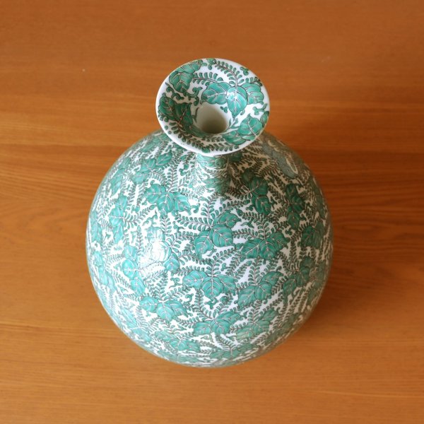Photo2: Large Vase Green Paulownia leaves | Fukuji Kitamura Traditional Craftsperson work (2)