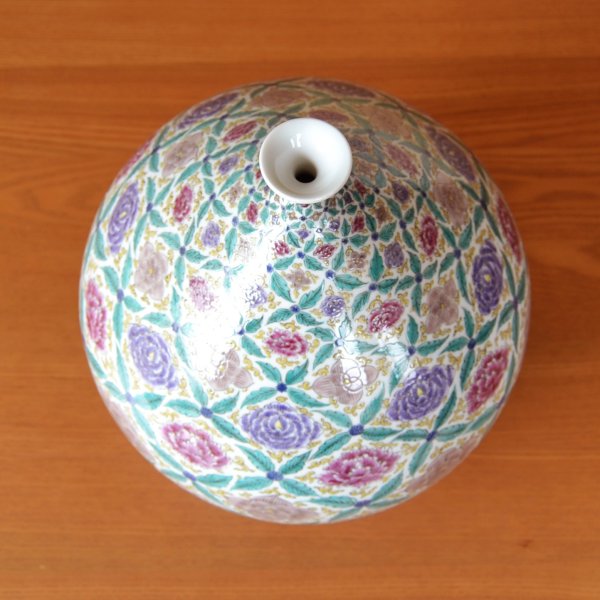 Photo2: Vase Somenishiki Botan Peony flower | Fukuji Kitamura Traditional Craftsperson work (2)
