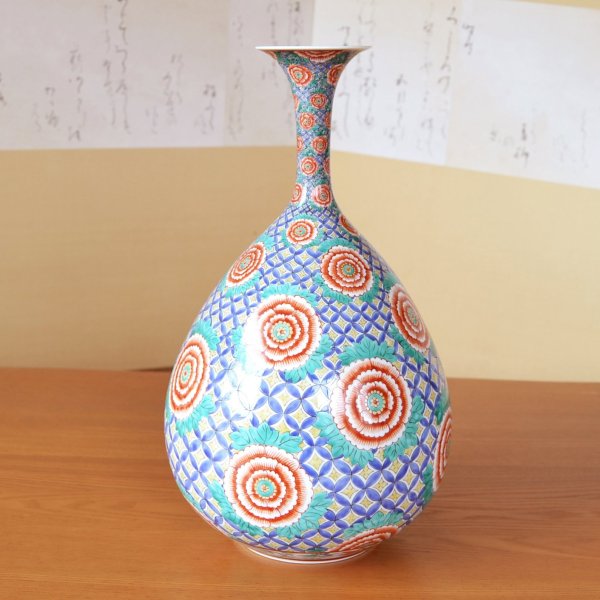 Photo2: Large Vase Somenishiki Botan Peony flower | Fukuji Kitamura Traditional Craftsperson work (2)