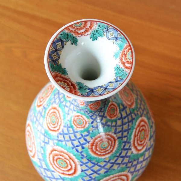 Photo4: Large Vase Somenishiki Botan Peony flower | Fukuji Kitamura Traditional Craftsperson work (4)