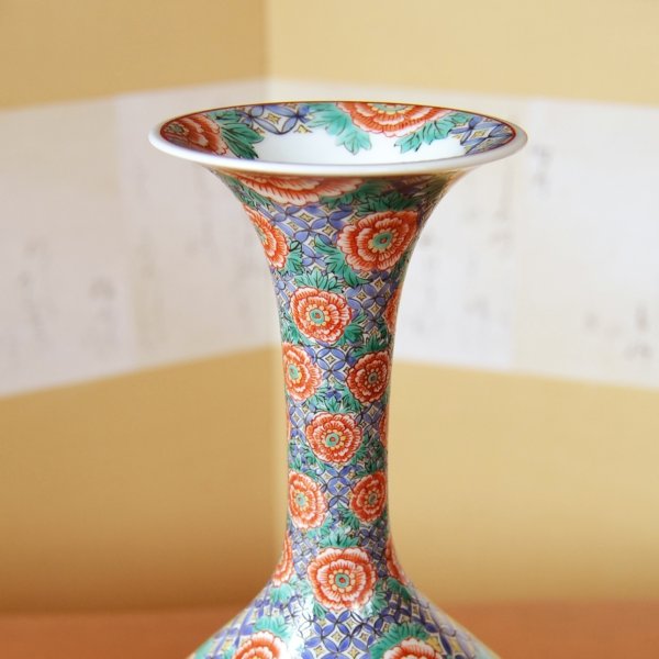 Photo5: Large Vase Somenishiki Botan Peony flower | Fukuji Kitamura Traditional Craftsperson work (5)