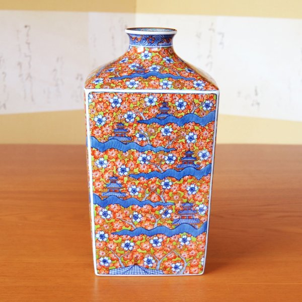 Photo2: Square Vase Somenishiki Ouraku Sakura | Kousai Kasahara Traditional Craftsperson work (2)