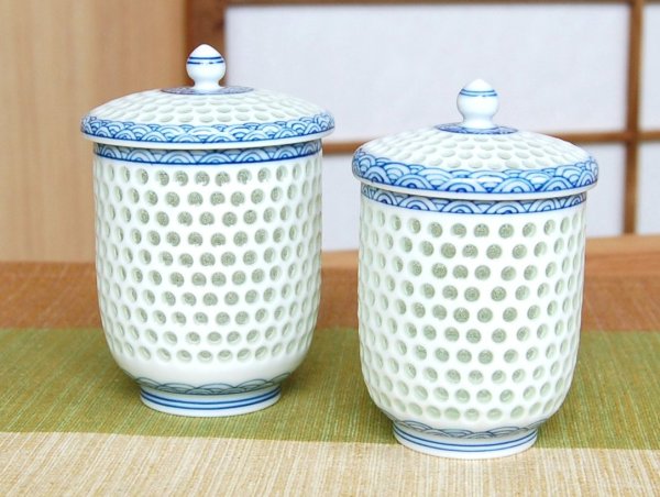 Photo2: Yunomi Tea Cup with Lid for Green Tea Openwork Suisho Seigaiha (pair) (2)