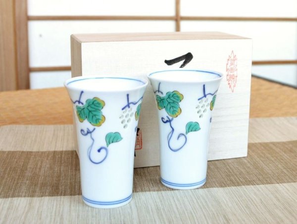 Photo1: Tall cup Suishocho budo Grape (pair) in wooden box (1)